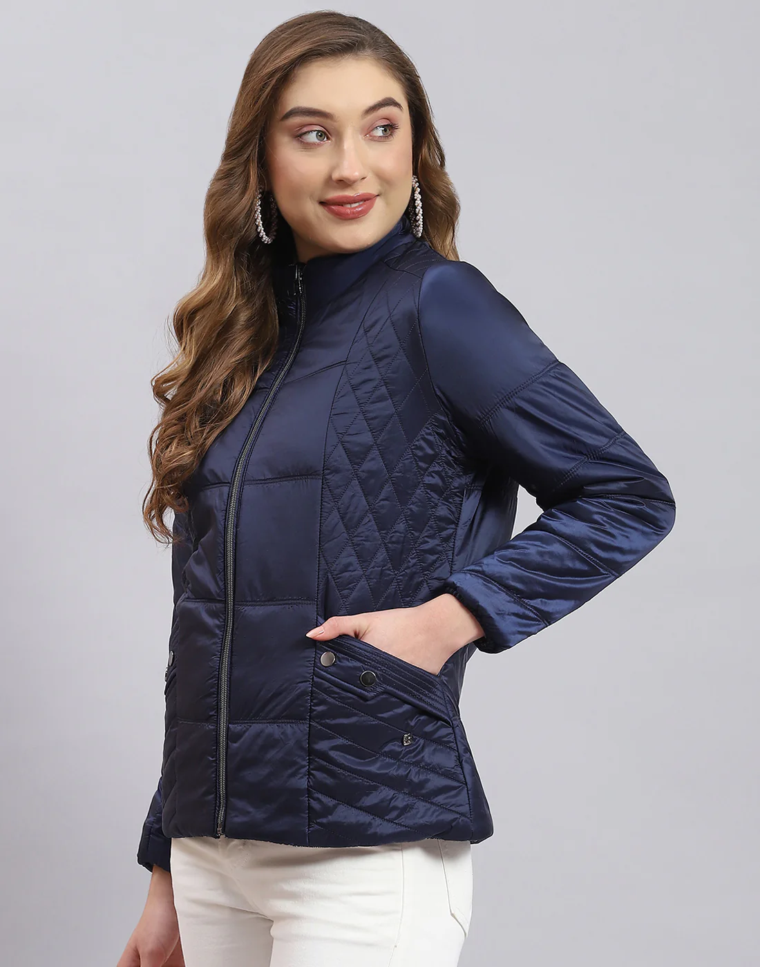 Women Navy Blue Solid Stand Collar Full Sleeve Jacket - Image 3