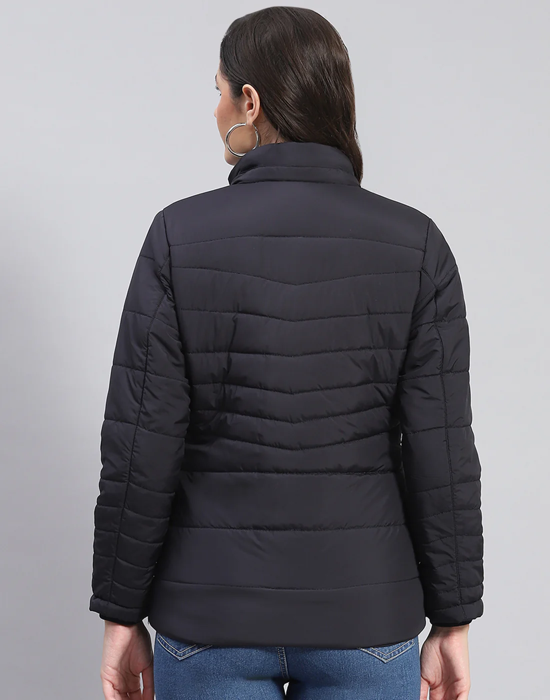 Women Navy Blue Solid Stand Collar Full Sleeve Jacket - Image 10