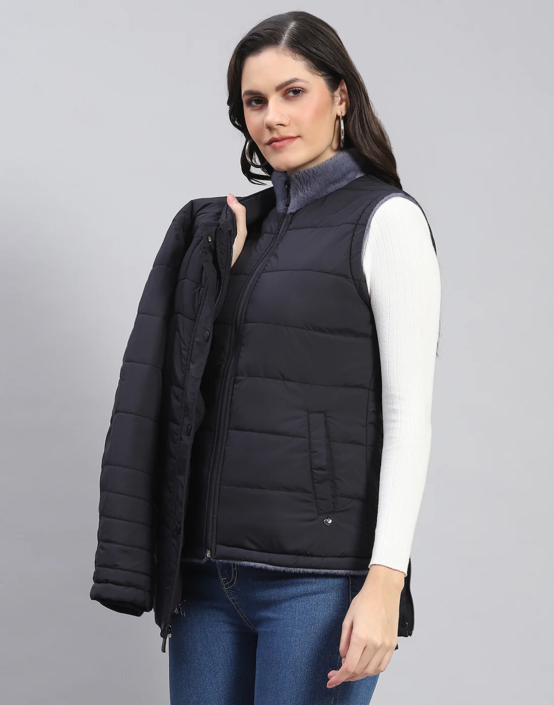 Women Navy Blue Solid Stand Collar Full Sleeve Jacket - Image 6