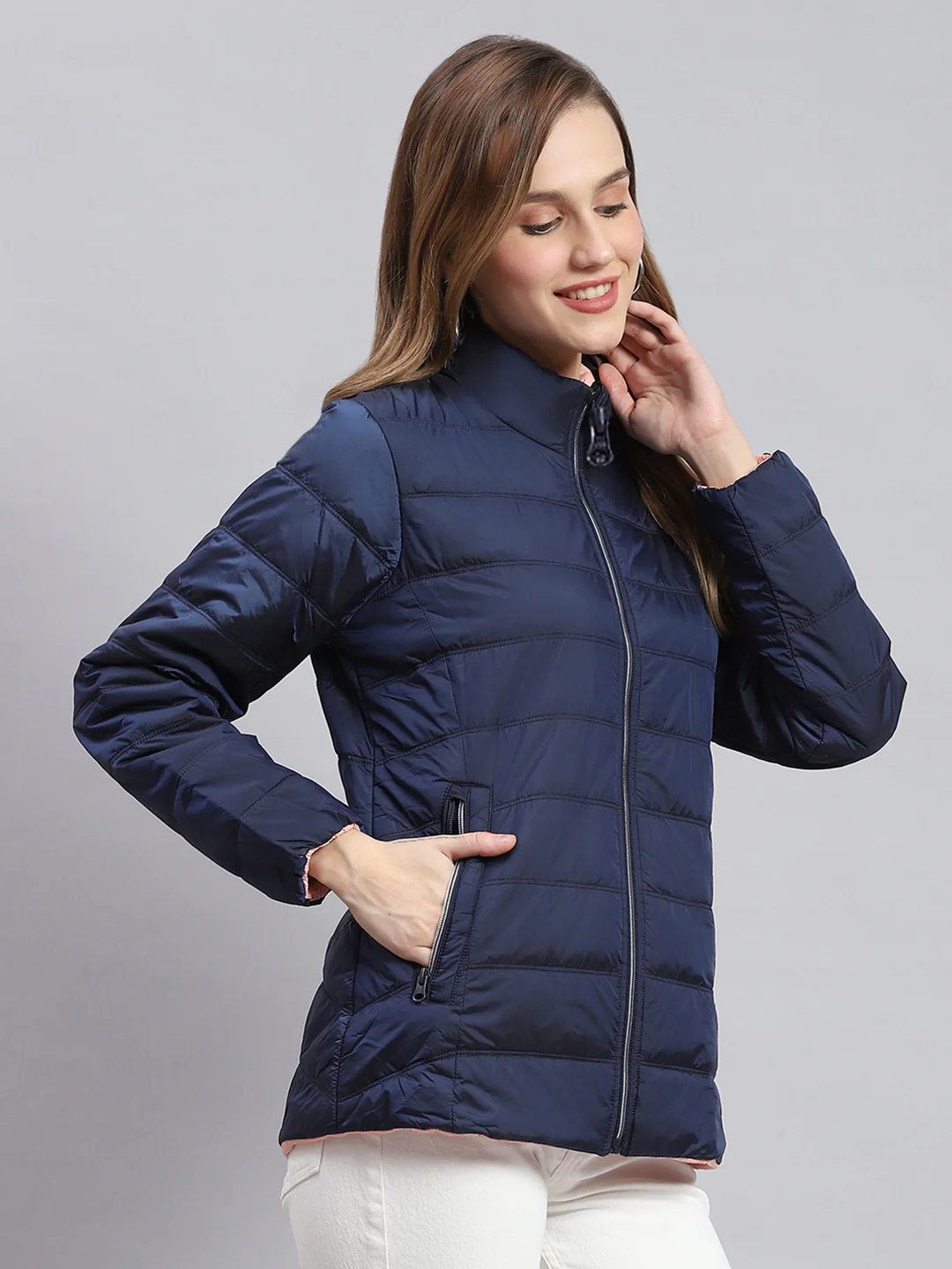 Women Navy Blue Solid Stand Collar Full Sleeve Jackets - Image 6