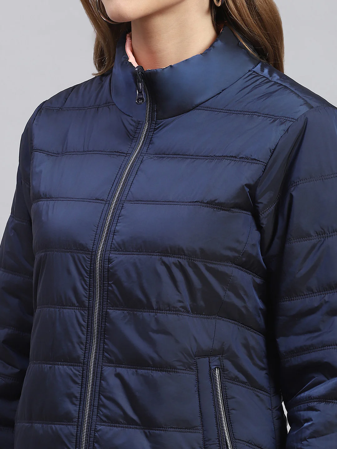 Women Navy Blue Solid Stand Collar Full Sleeve Jackets - Image 7