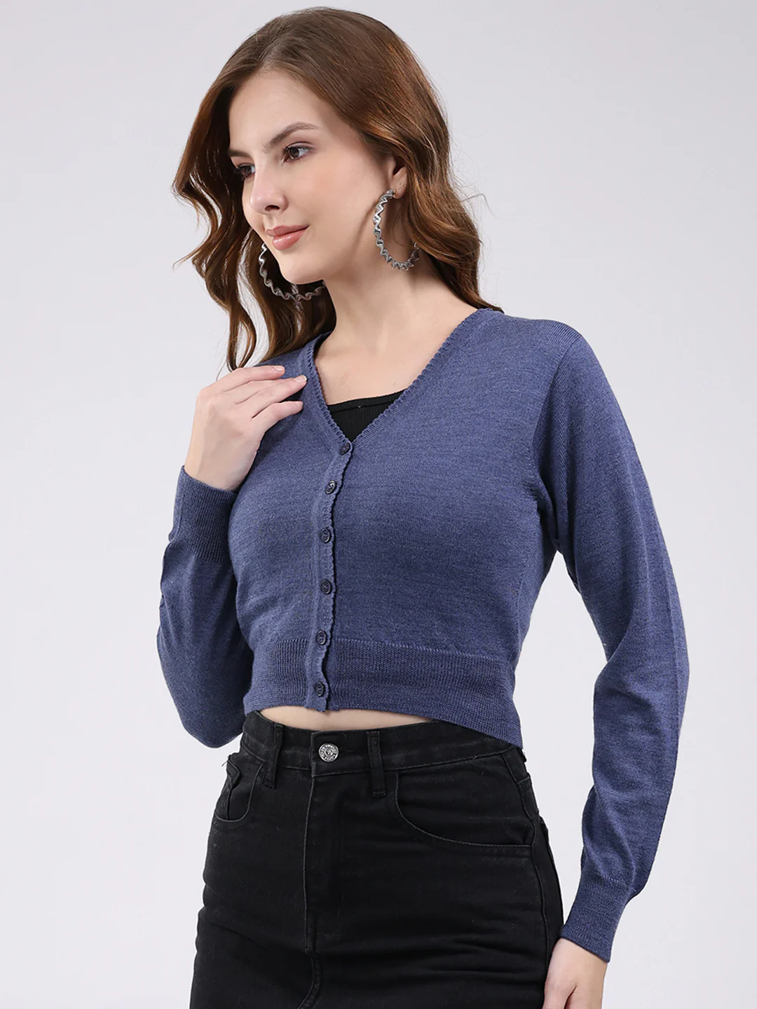 Women Navy Blue Solid V Neck Full Sleeve Blouse - Image 3