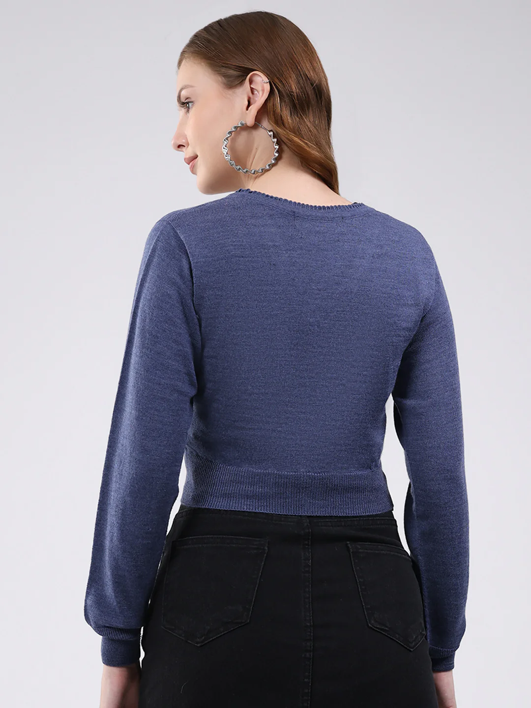 Women Navy Blue Solid V Neck Full Sleeve Blouse - Image 5