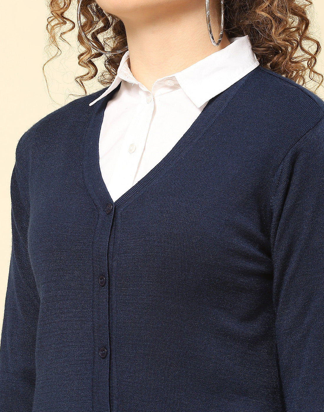 Women Navy Blue Solid V Neck Full Sleeve Cardigan - Image 6