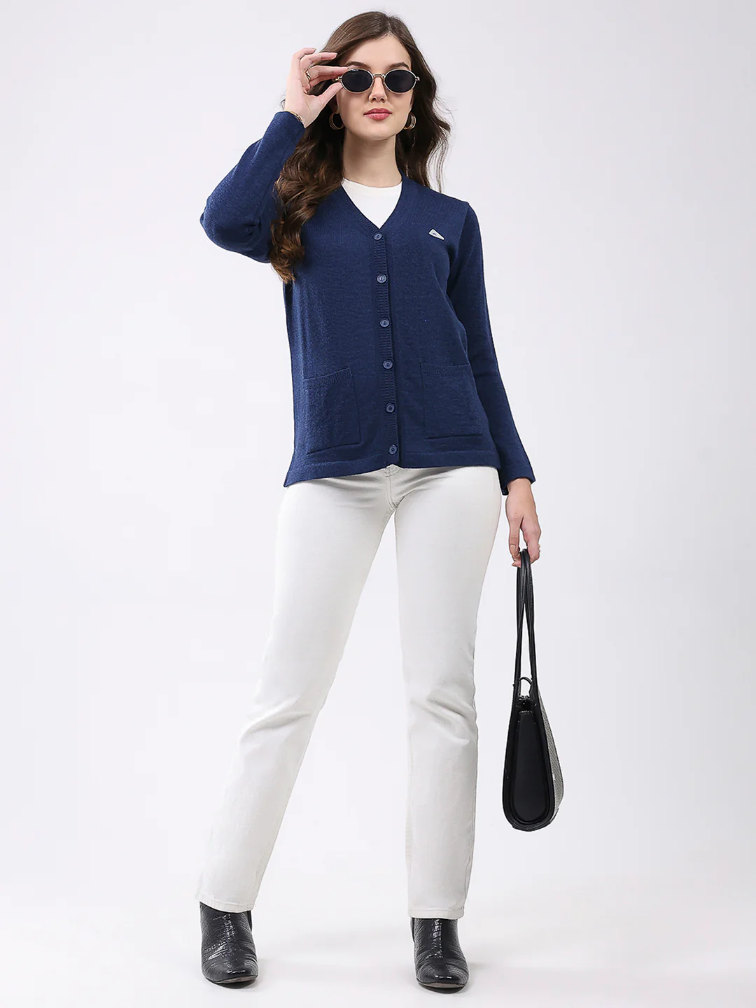 Women Navy Blue Solid V Neck Full Sleeve Cardigan - Image 2