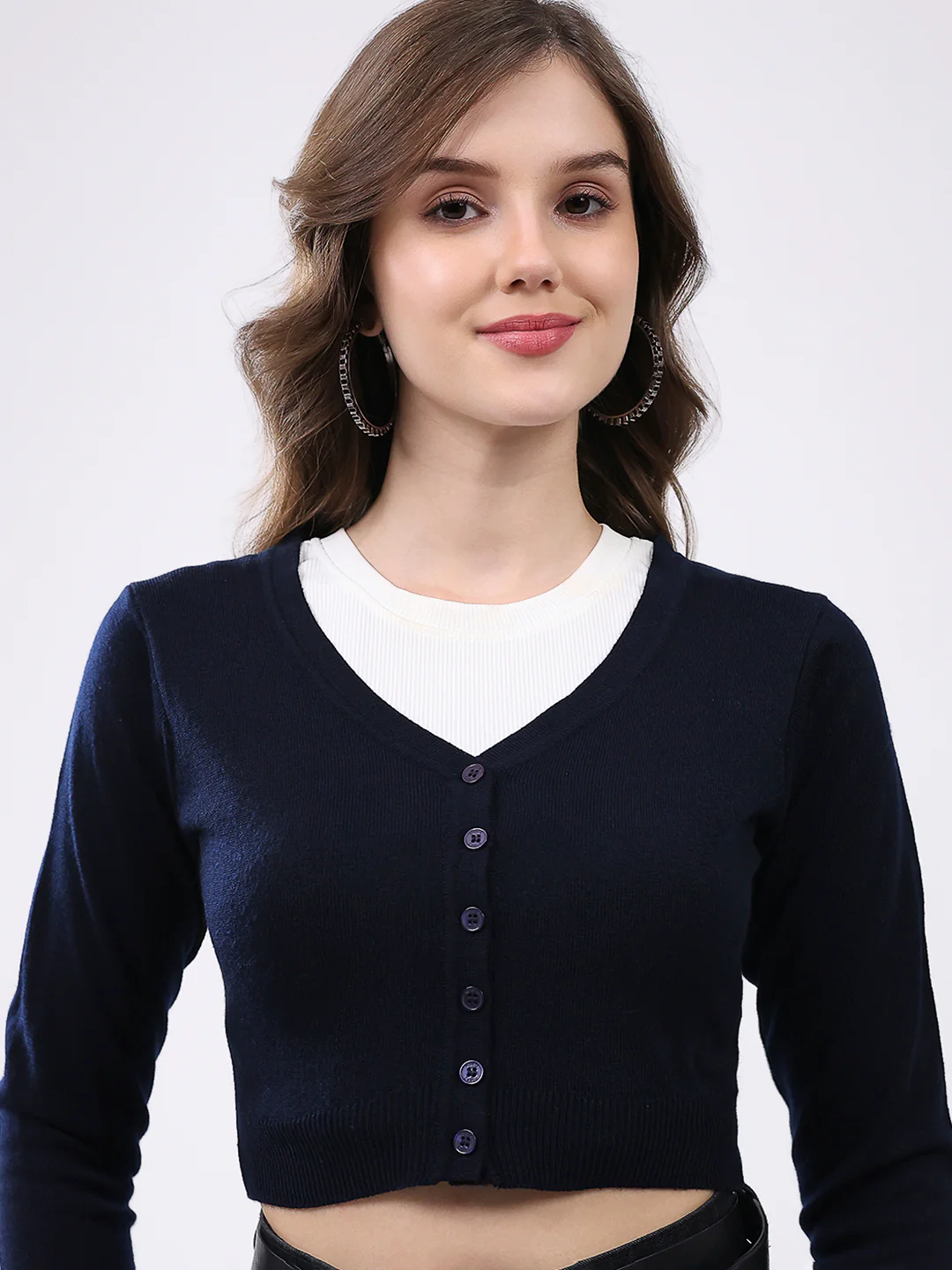 Women Navy Blue Solid V Neck Full Sleeve Cardigan - Image 7