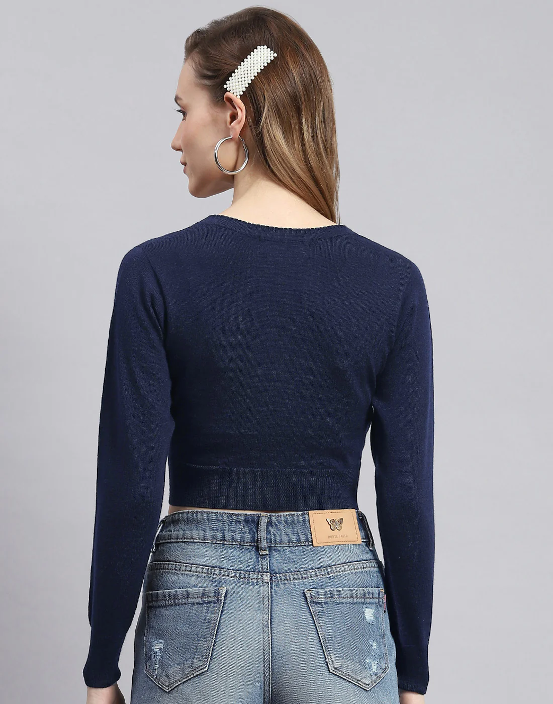 Women Navy Blue Solid V Neck Full Sleeve Sweater - Image 5