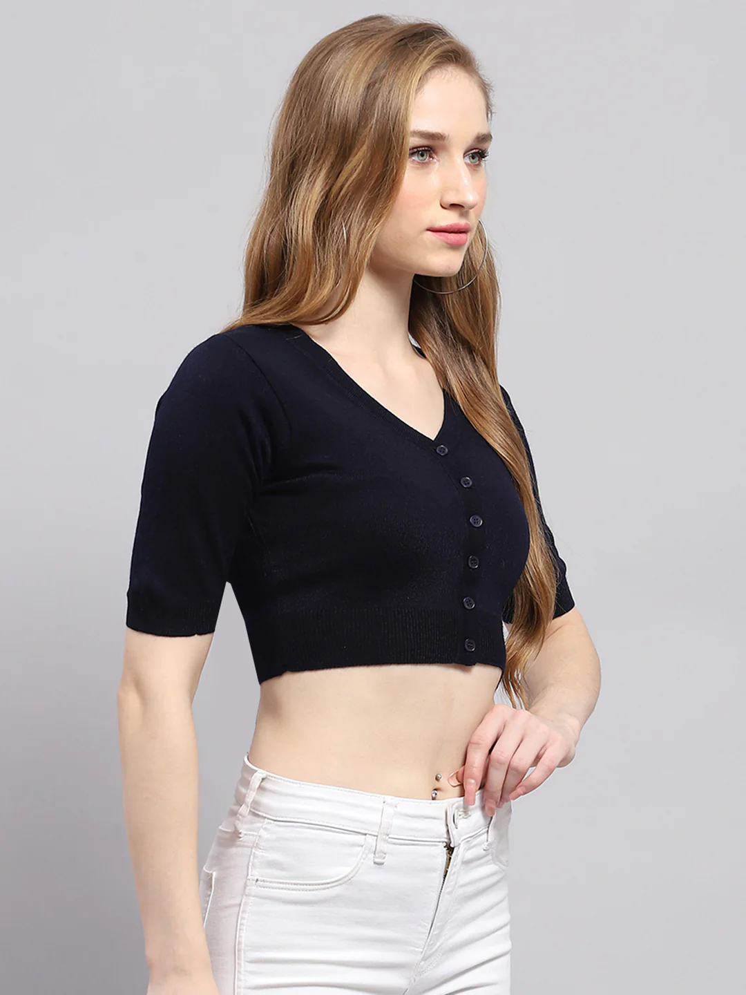 Women Navy Blue Solid V Neck Half Sleeve Blouse - Image 4