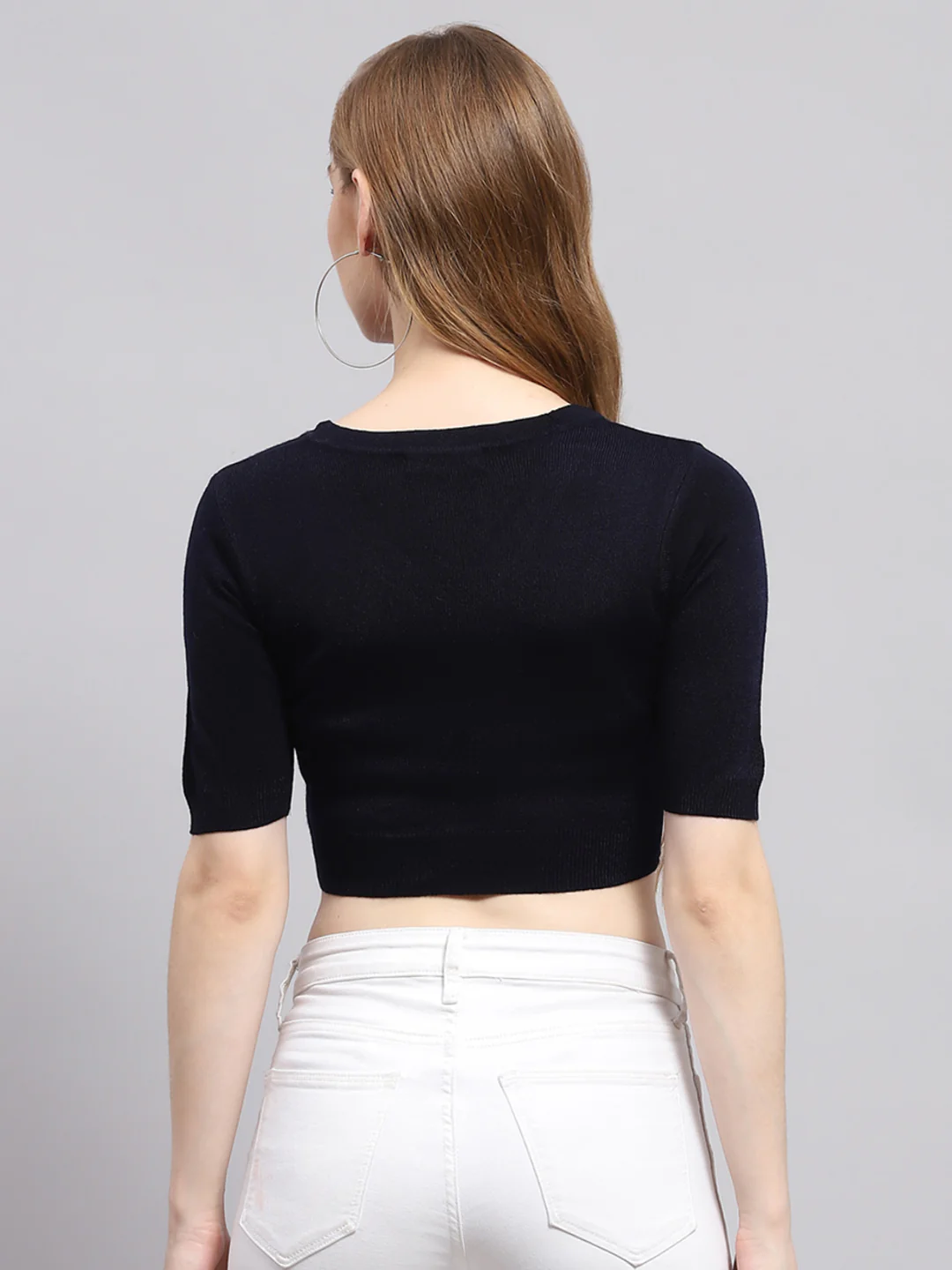 Women Navy Blue Solid V Neck Half Sleeve Blouse - Image 5