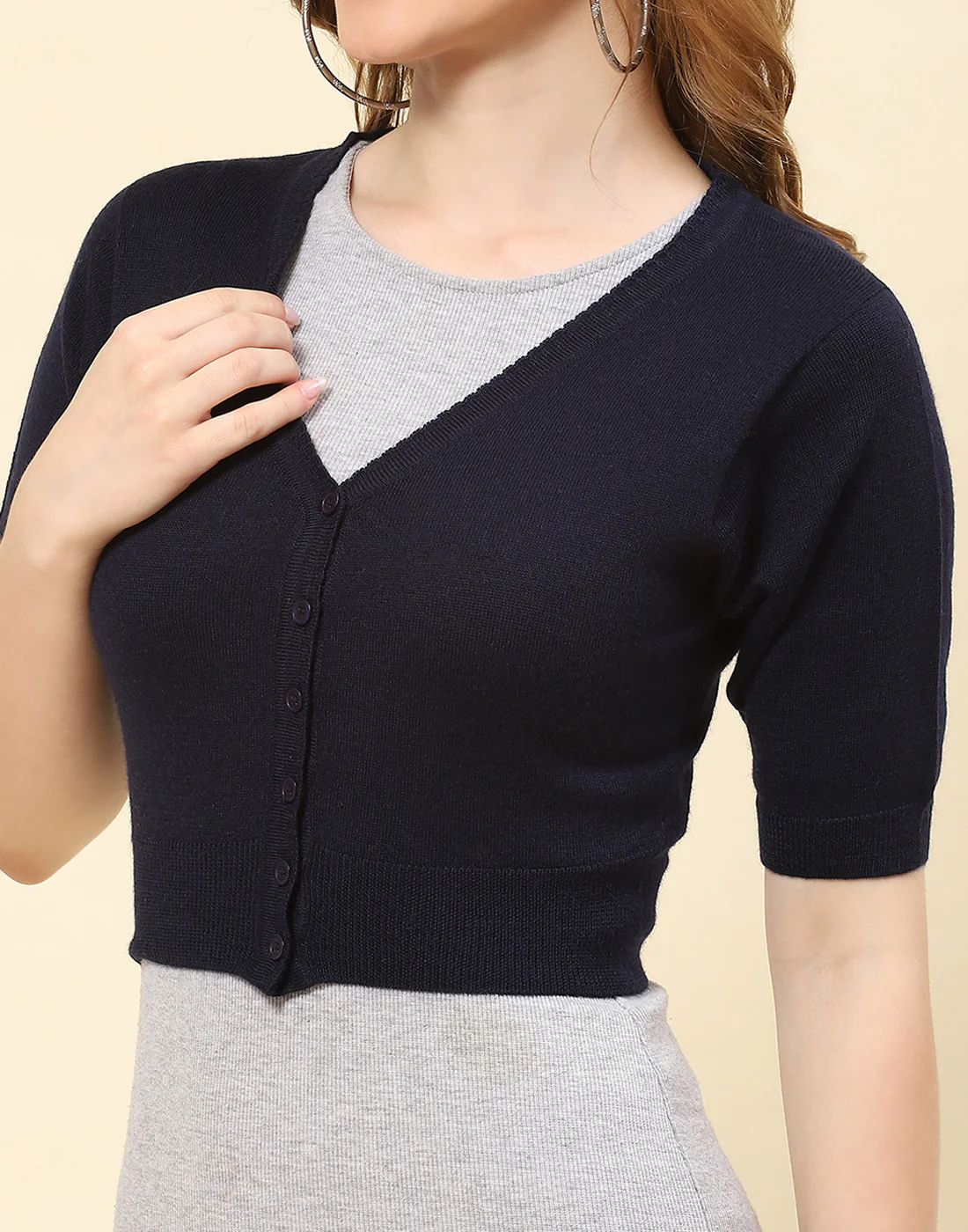 Women Navy Blue Solid V Neck Half Sleeve Blouse - Image 6