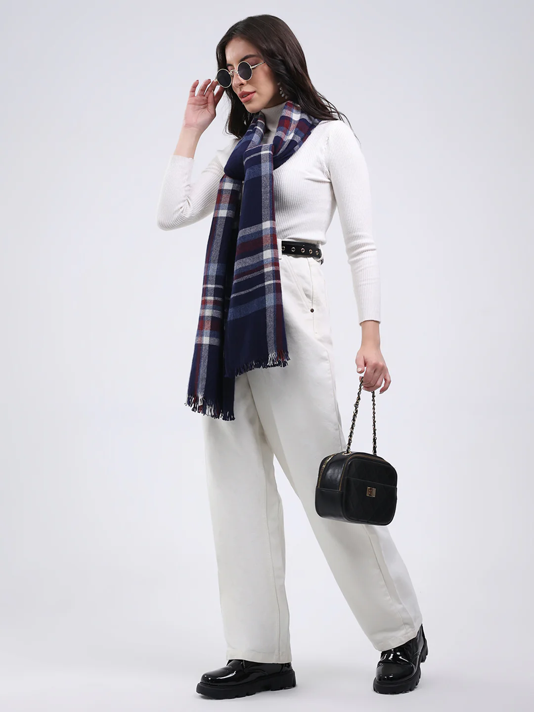 Women Navy Blue Solid Wool Blend Stole - Image 2