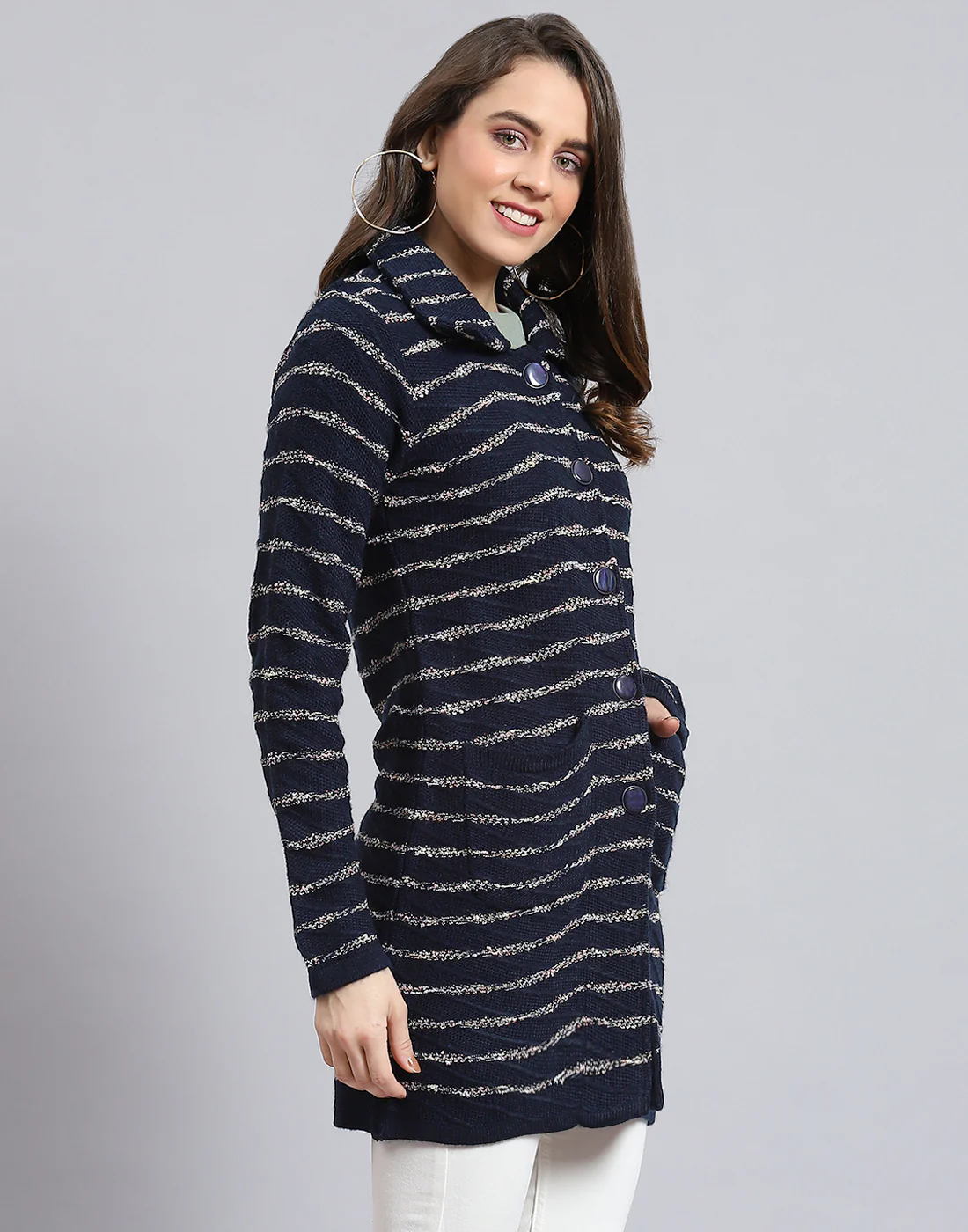Women Navy Blue Stripe Collar Full Sleeve Cardigan - Image 6
