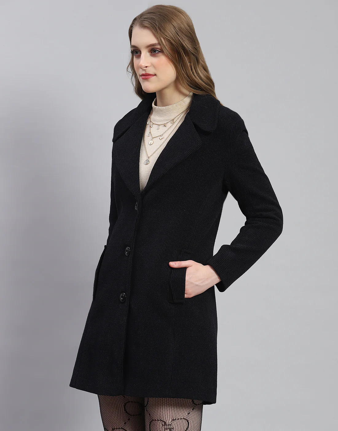 Women Navy Blue Stripe Lapel Collar Full Sleeve Coat - Image 3