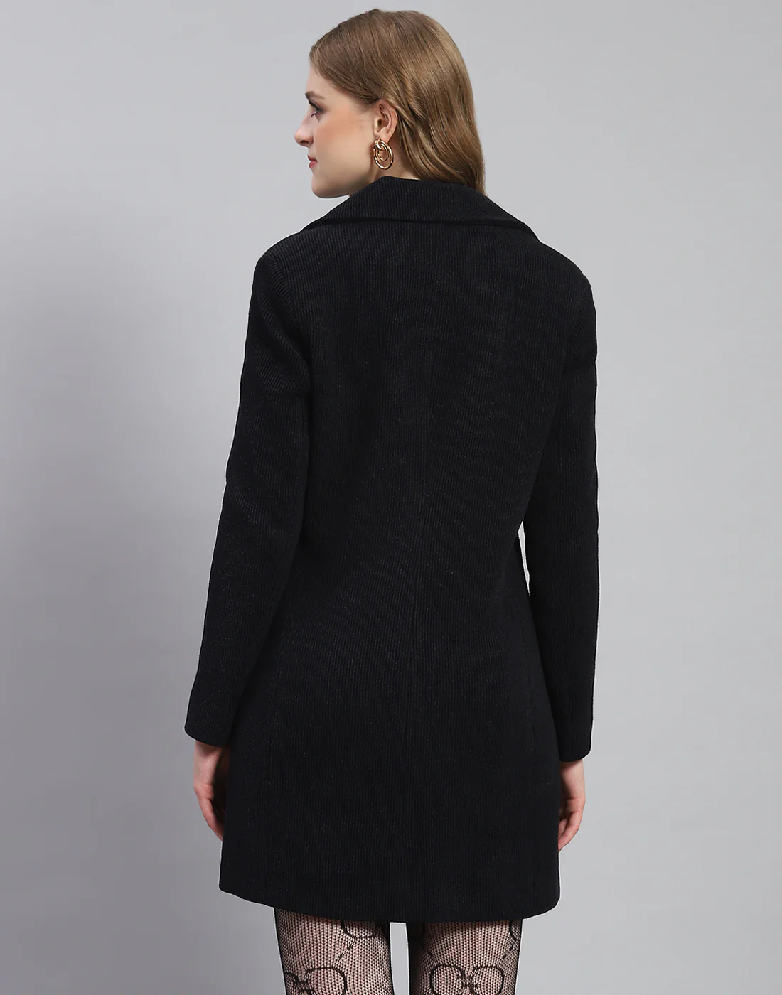Women Navy Blue Stripe Lapel Collar Full Sleeve Coat - Image 5