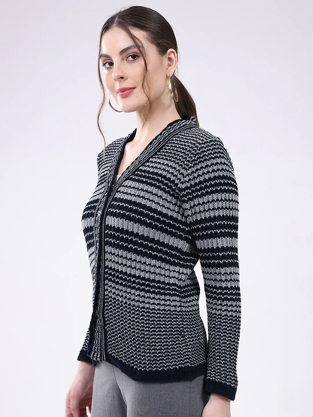 Women Navy Blue Stripe V Neck Full Sleeve Cardigan - Image 3