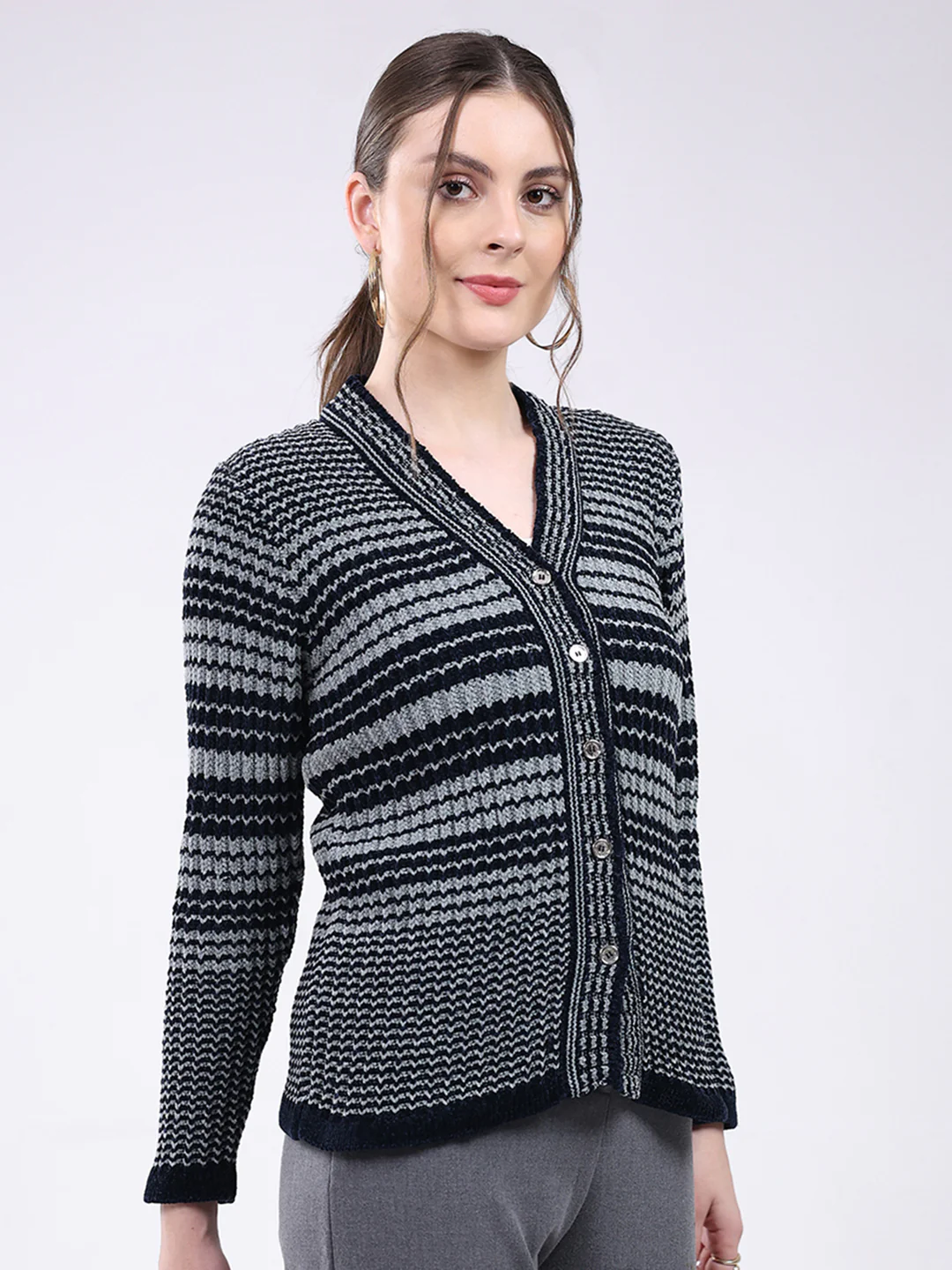 Women Navy Blue Stripe V Neck Full Sleeve Cardigan - Image 4