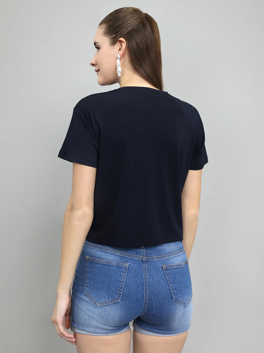 Women Navy Blue Typographic Round Neck Half Sleeve Top - Image 4
