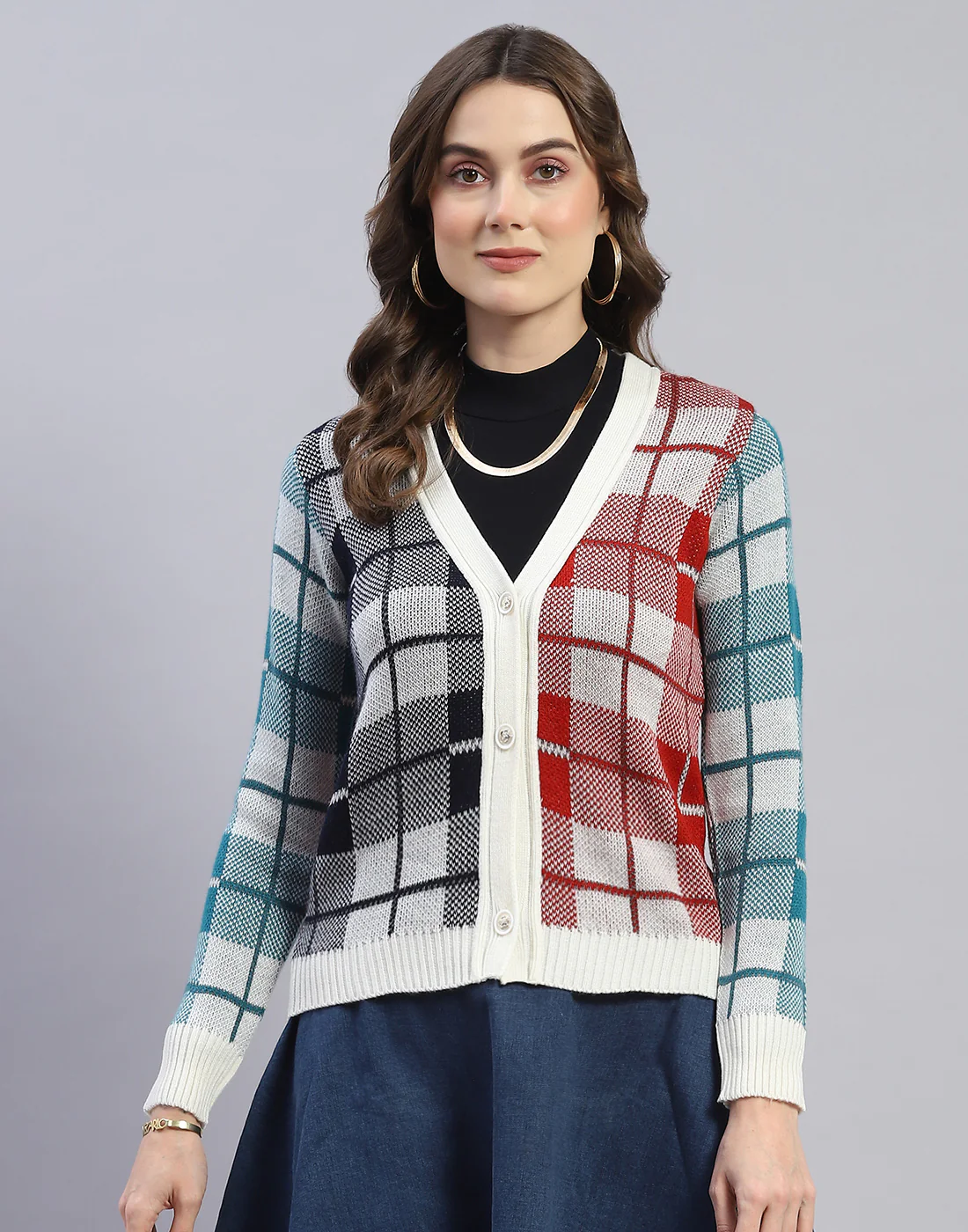 Women Off White Check V Neck Full Sleeve Cardigan - Image 2