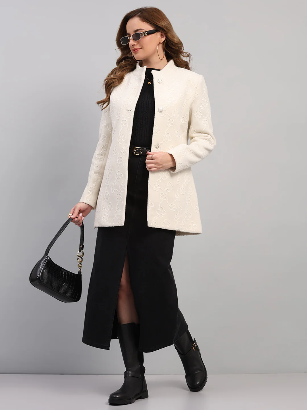 Women Off White Embroidered Collar Full Sleeve Coat - Image 2
