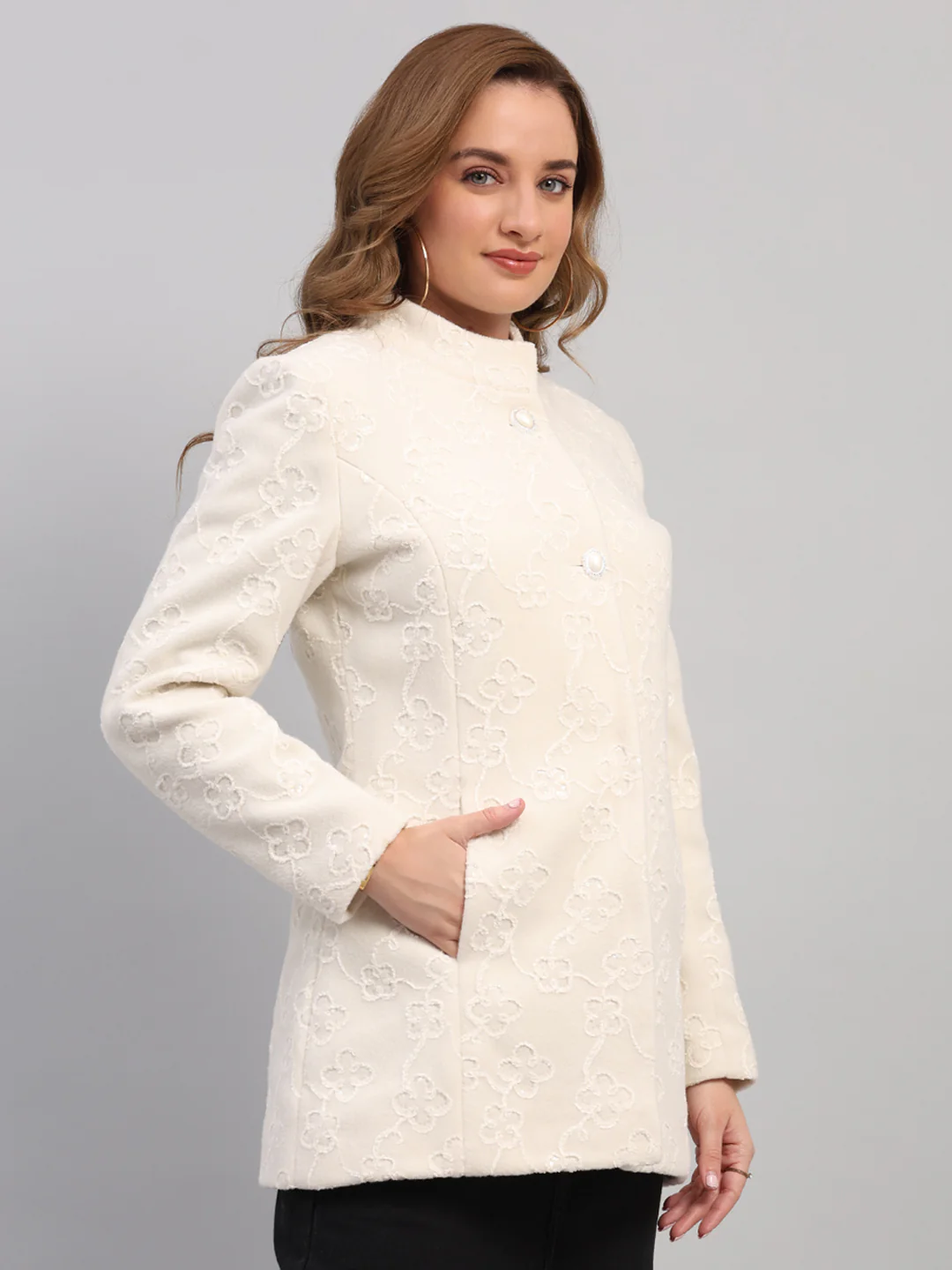 Women Off White Embroidered Collar Full Sleeve Coat - Image 4