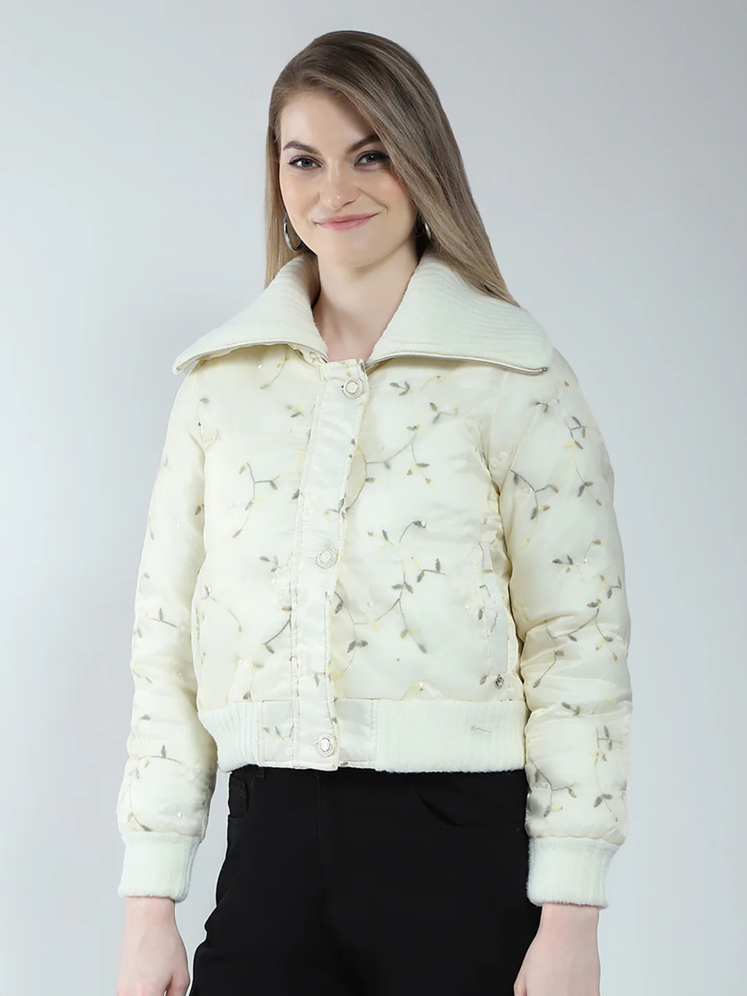 Women Off White Embroidered Collar Full Sleeve Jacket - Image 3