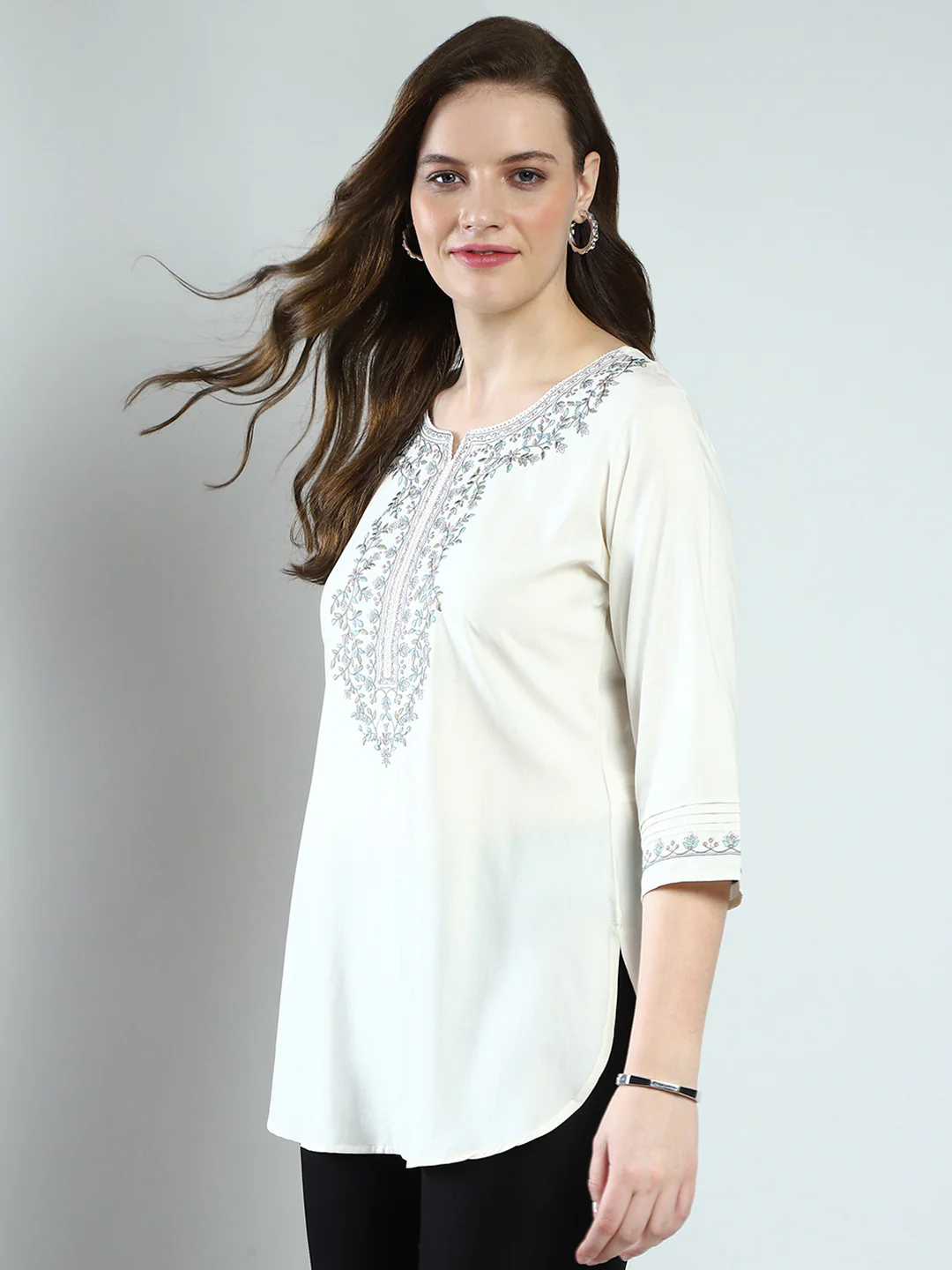 Women Off White Embroidered Round Neck 3/4th Sleeve Top - Image 3