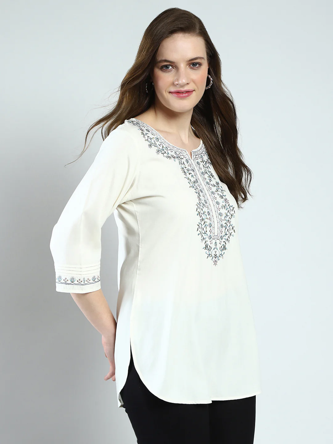 Women Off White Embroidered Round Neck 3/4th Sleeve Top - Image 4