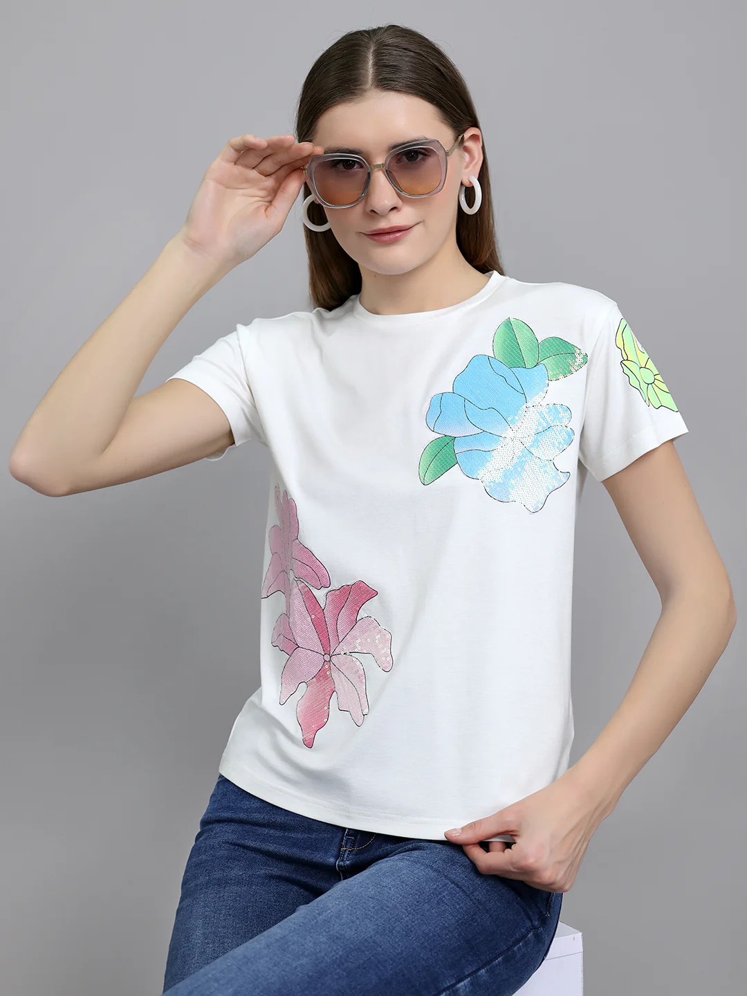 Women Off White Embroidered Round Neck Half Sleeve Top - Image 6