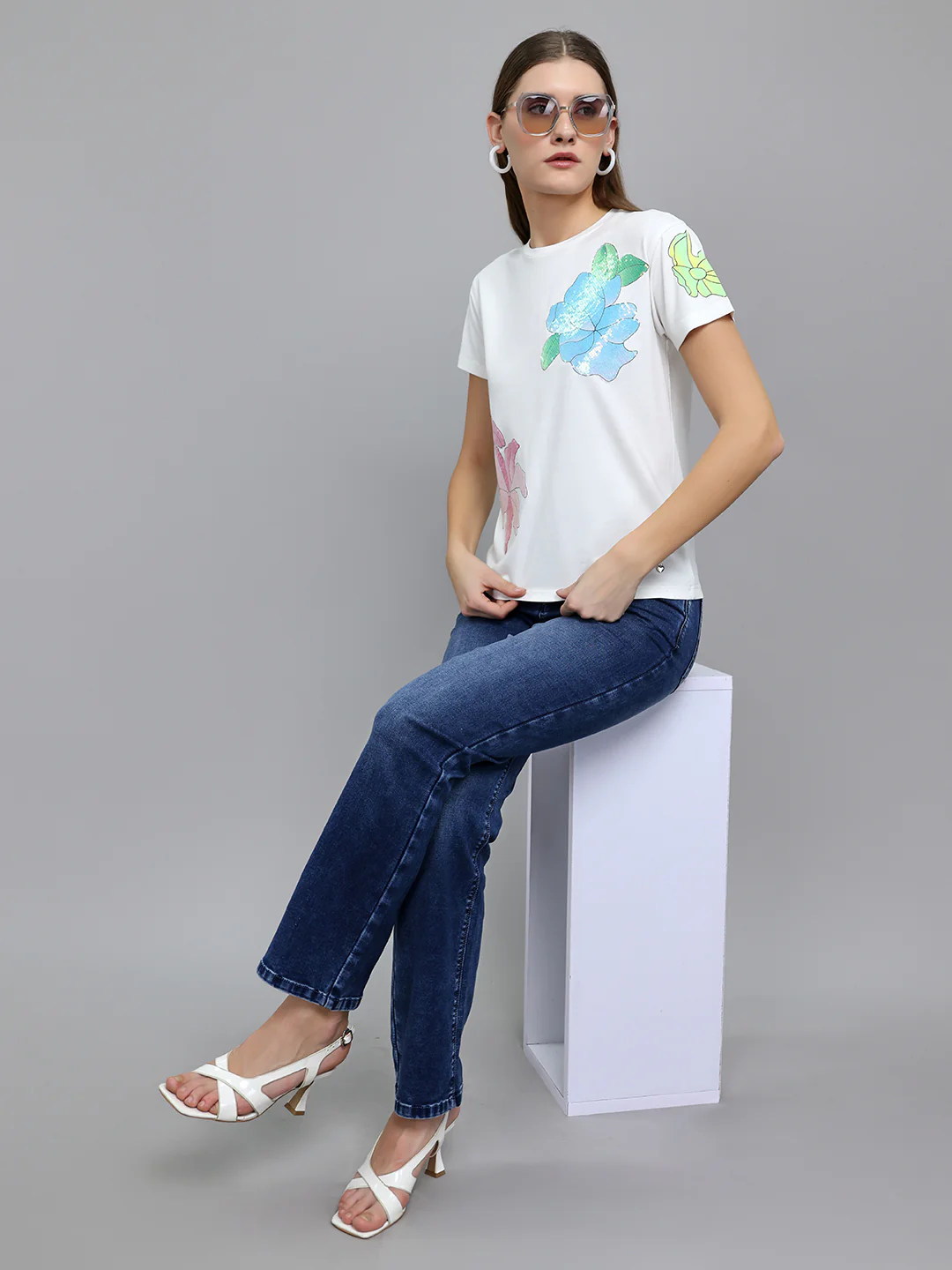 Women Off White Embroidered Round Neck Half Sleeve Top - Image 7