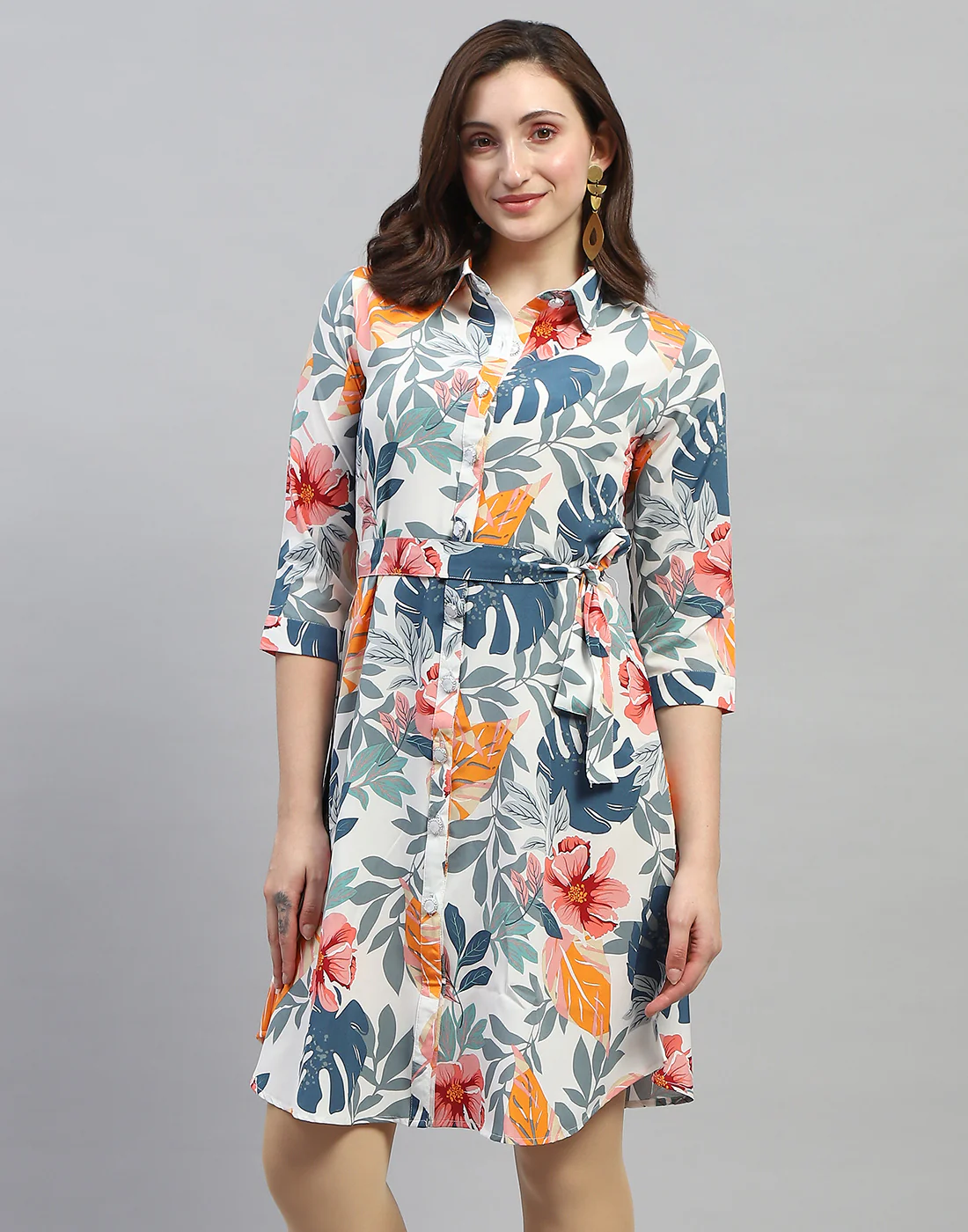 Women Off White Floral Print Collar Neck 3/4 Sleeve Dress - Image 3