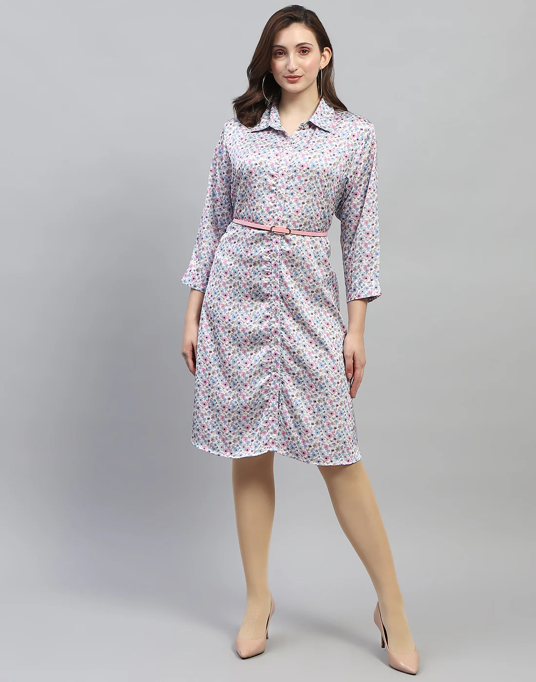 Women Off White Floral Print Collar Neck 3/4 Sleeve Dress - Image 3