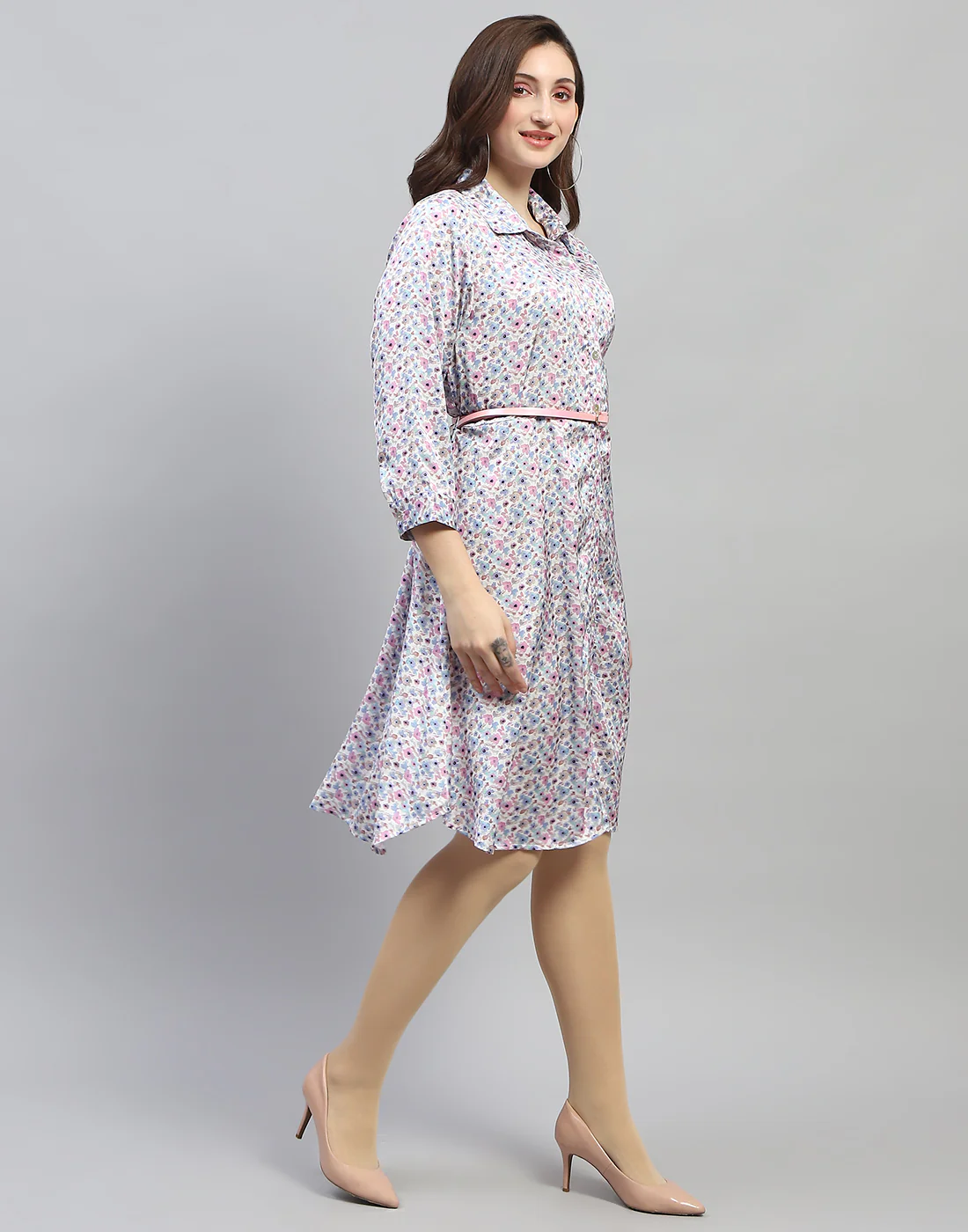 Women Off White Floral Print Collar Neck 3/4 Sleeve Dress - Image 5