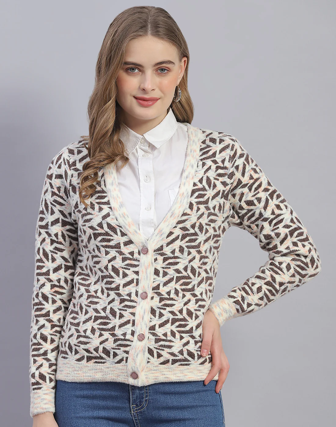Women Off White Jaquard V Neck Full Sleeve Cardigan - Image 2