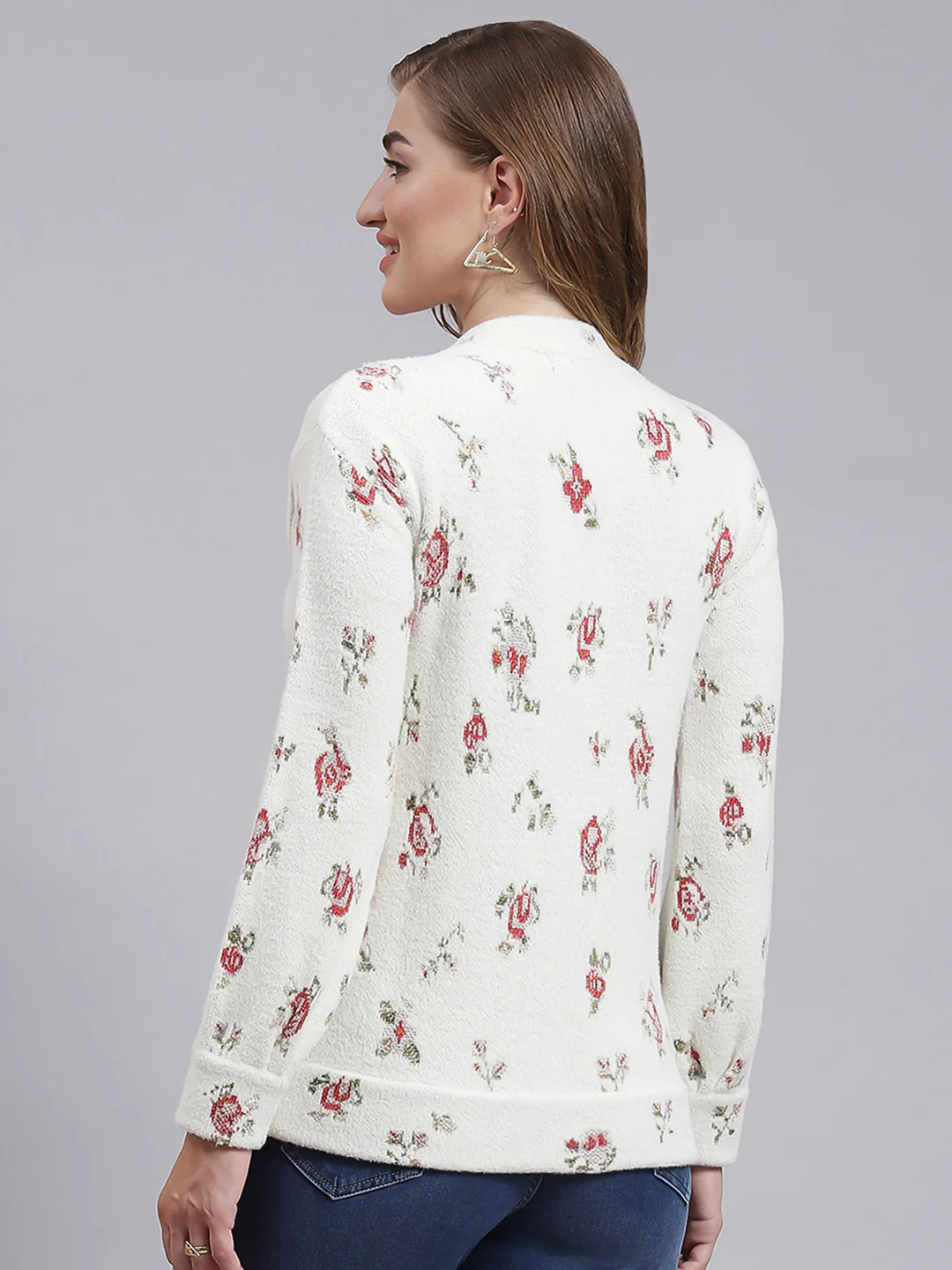 Women Off White Jaquard Wool blend Cardigan - Image 5