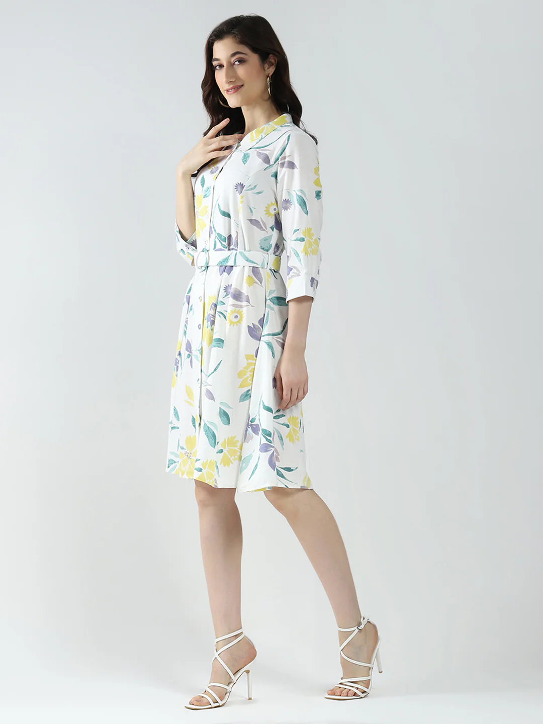 Women Off White Printed Collar 3/4th Sleeve Dress - Image 3