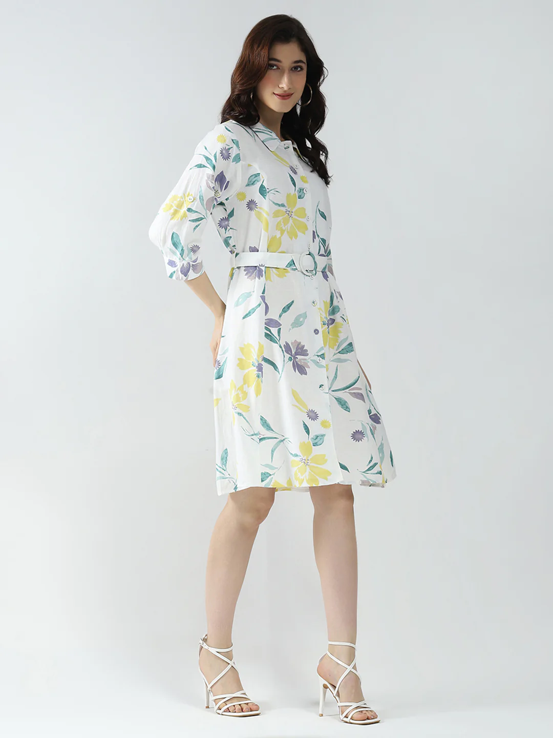 Women Off White Printed Collar 3/4th Sleeve Dress - Image 4