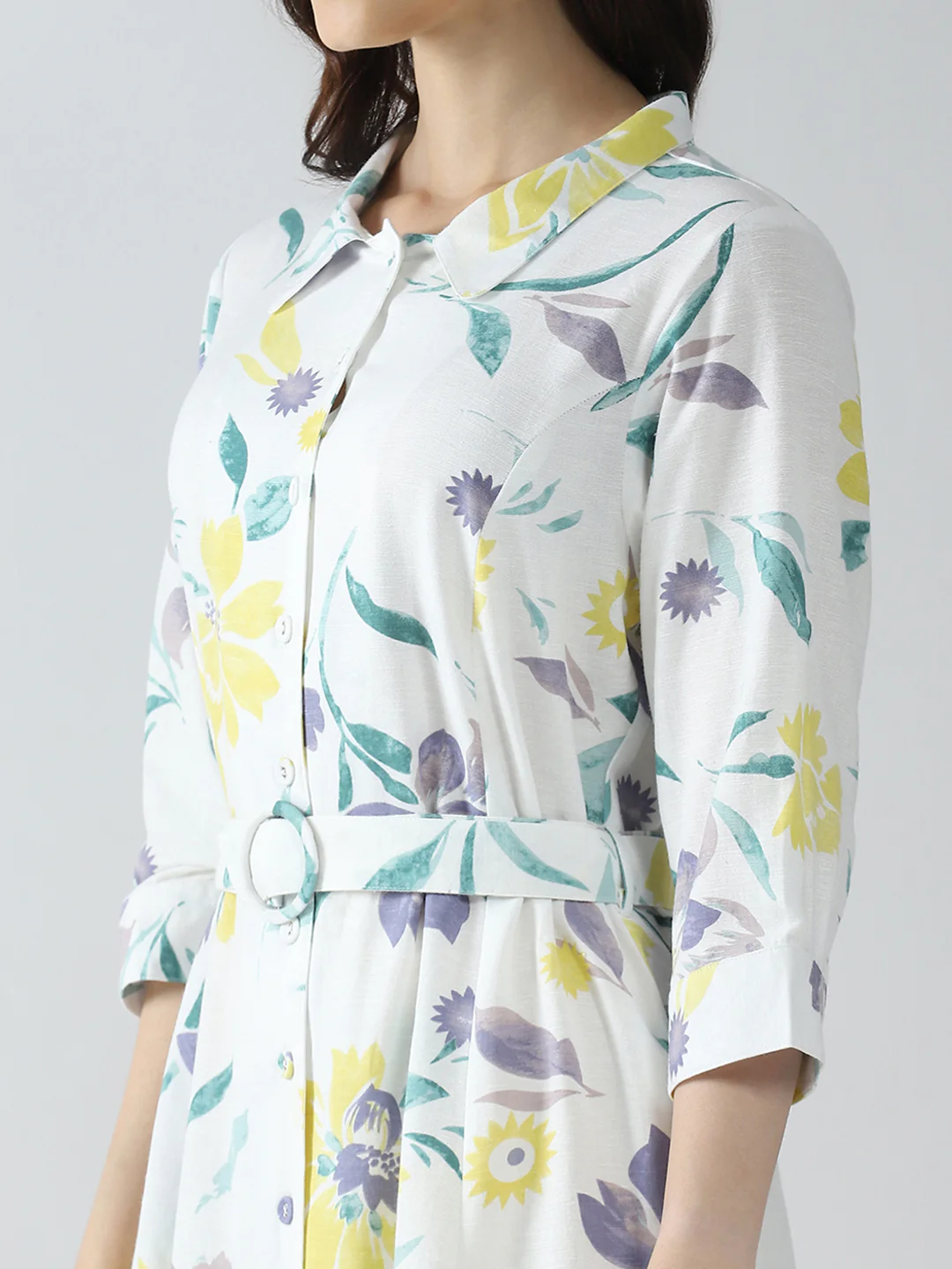 Women Off White Printed Collar 3/4th Sleeve Dress - Image 6