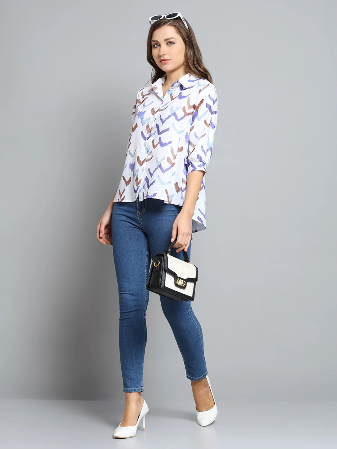 Women Off White Printed Collar 3/4th Sleeve Top - Image 2