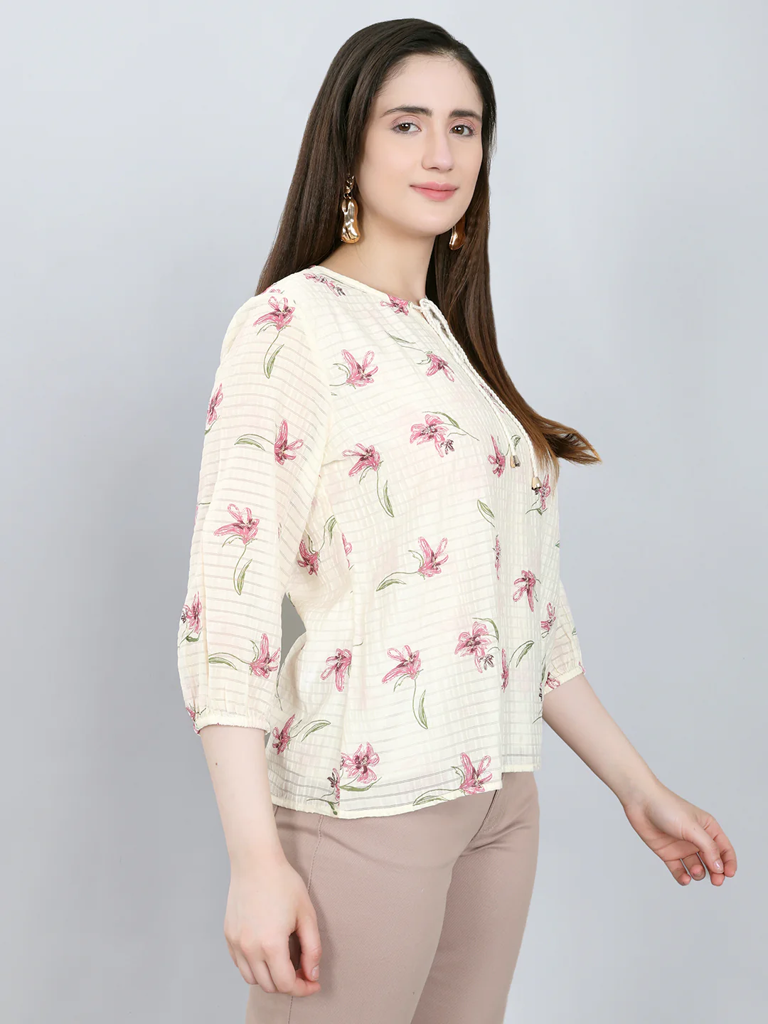 Women Off White Printed Fashion Neck 3/4th Sleeve Top - Image 3