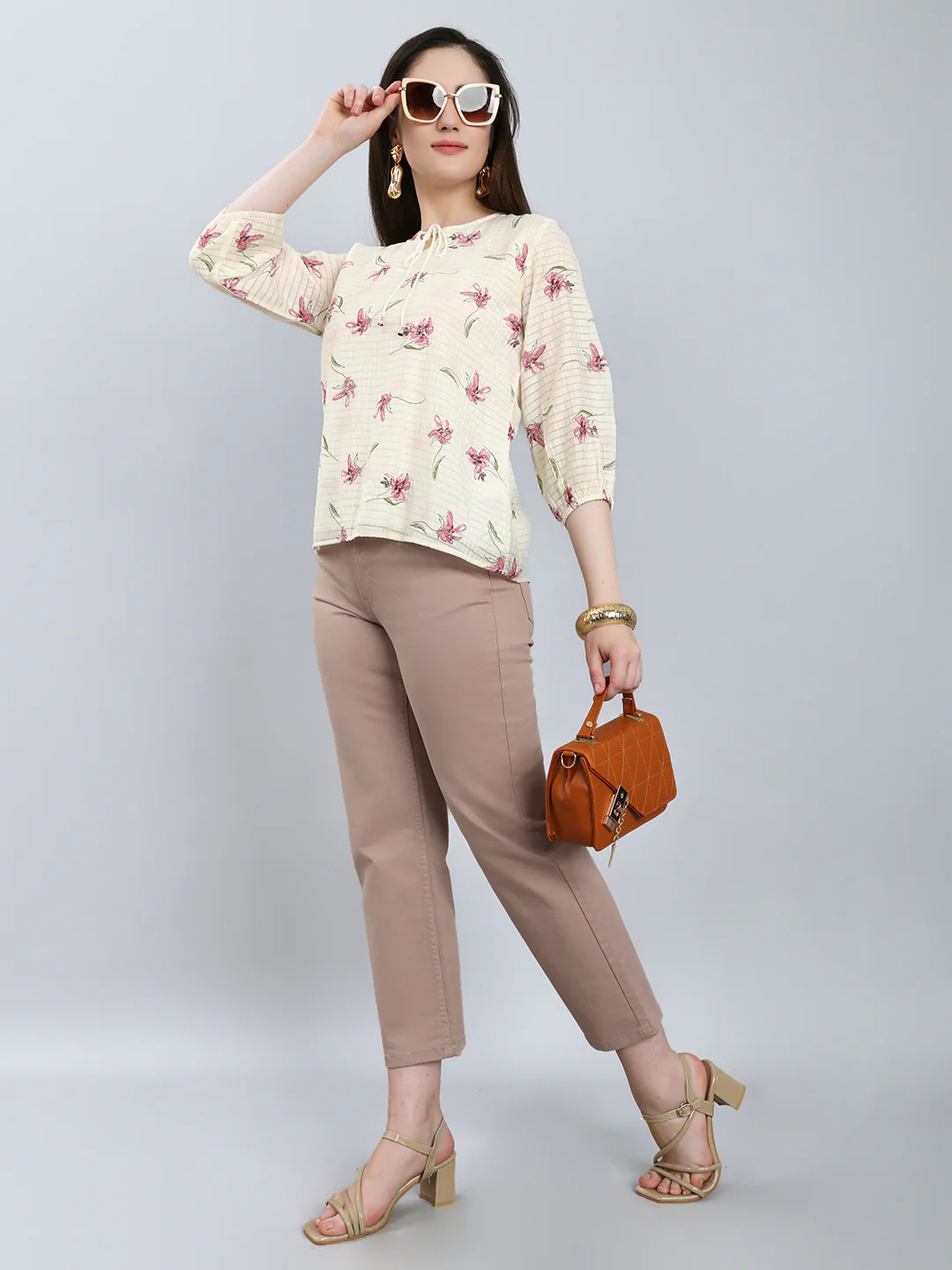 Women Off White Printed Fashion Neck 3/4th Sleeve Top - Image 6