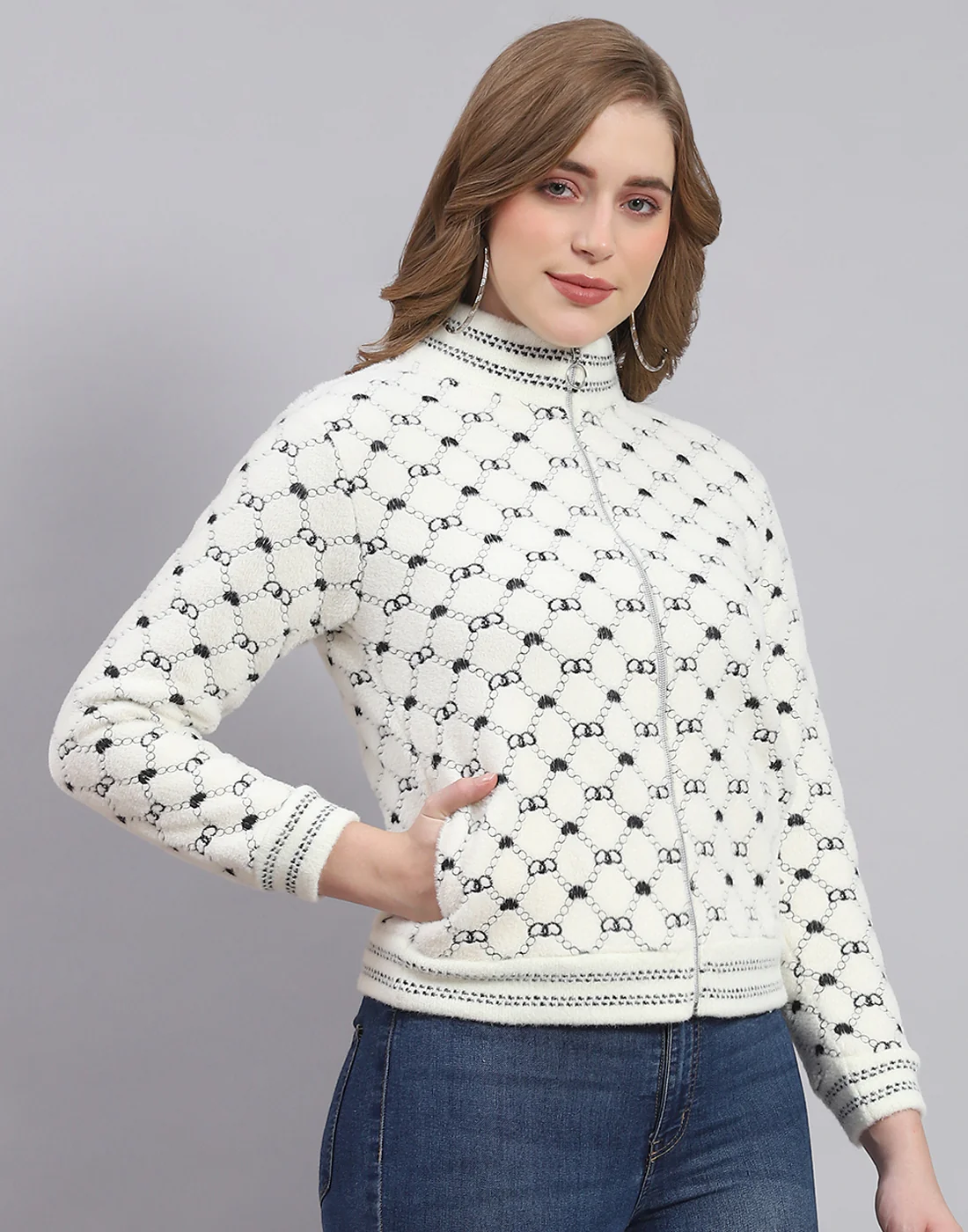 Women Off White Printed H Neck Full Sleeve Sweatshirt - Image 5