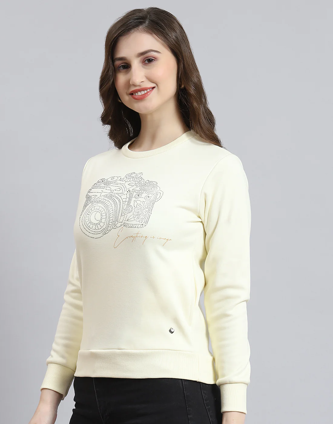 Women Off White Printed Round Neck Full Sleeve Sweatshirt - Image 3