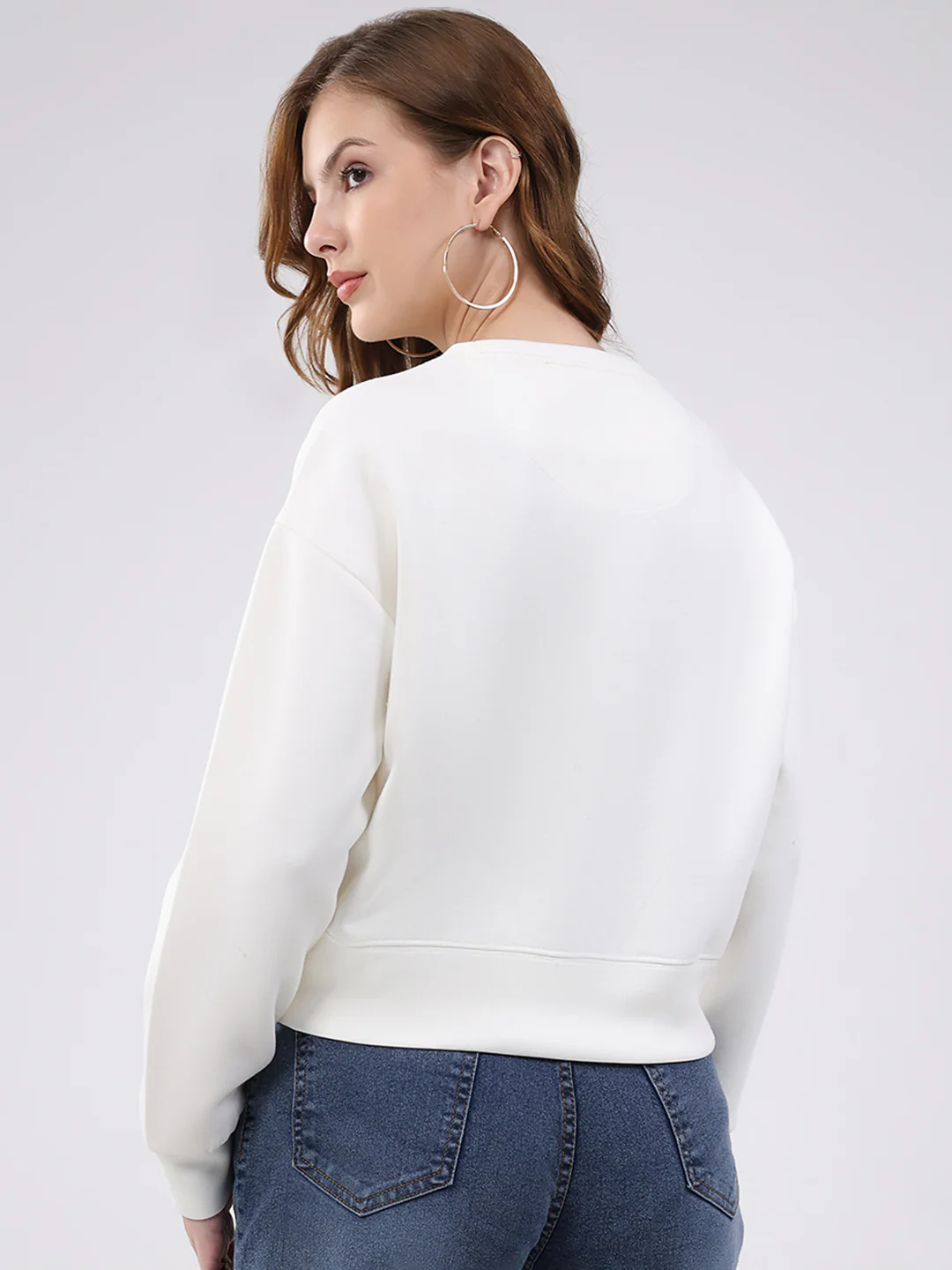 Women Off White Printed Round Neck Full Sleeve Sweatshirt - Image 5