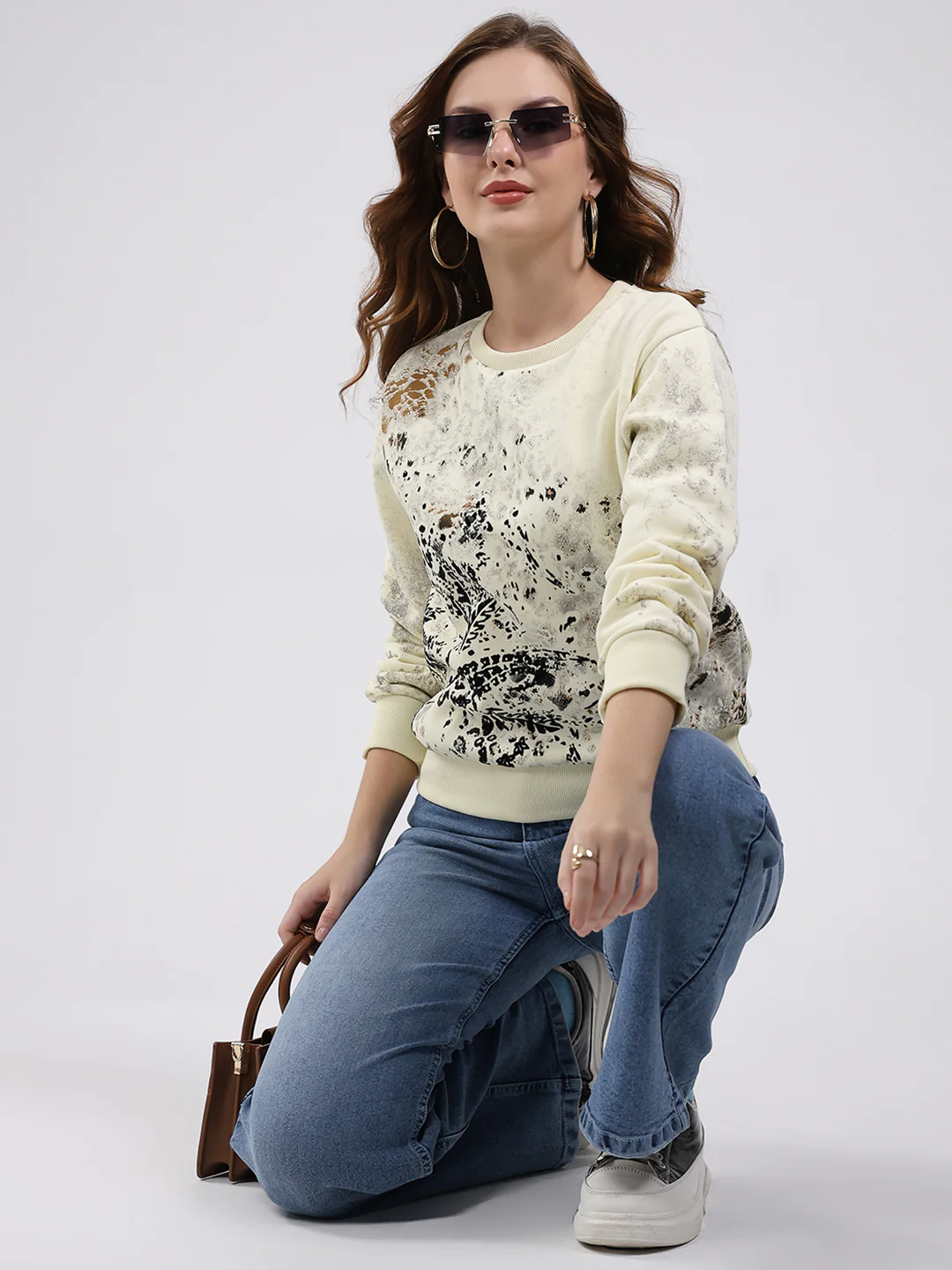 Women Off White Printed Round Neck Full Sleeve Sweatshirt - Image 2