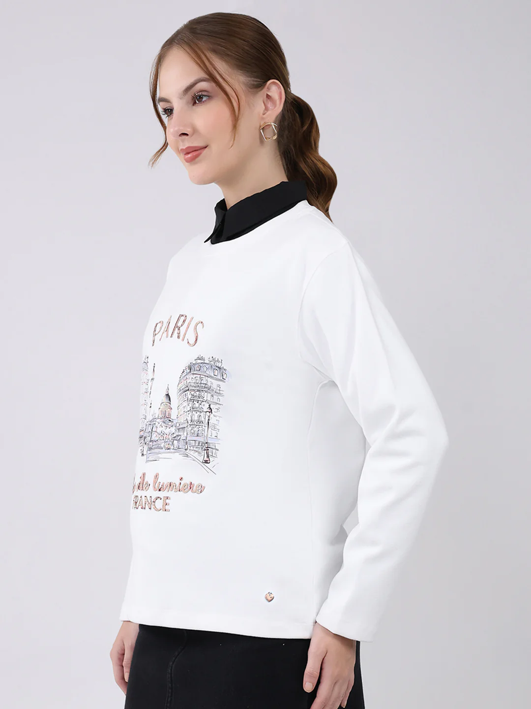 Women Off White Printed Round Neck Full Sleeve Winter Top - Image 3