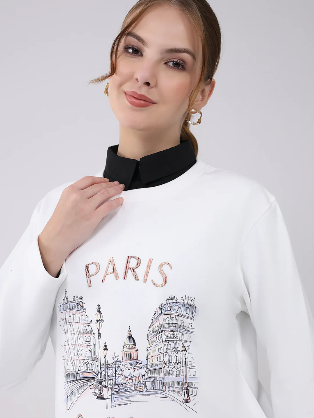 Women Off White Printed Round Neck Full Sleeve Winter Top - Image 6
