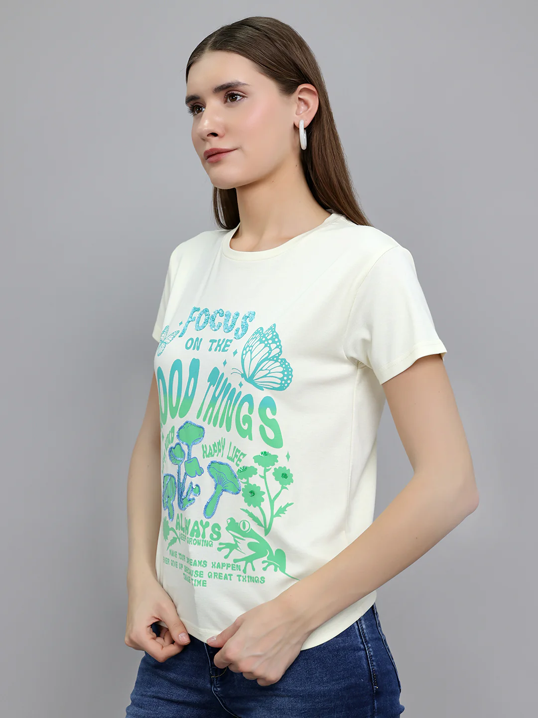 Women Off White Printed Round Neck Half Sleeve Top - Image 2