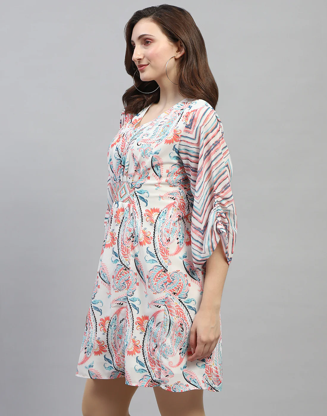 Women Off White Printed V Neck 3/4 Sleeve Dress - Image 3