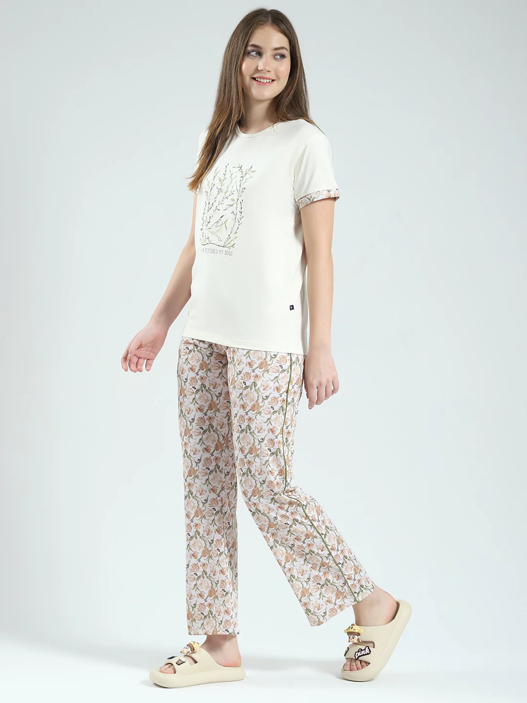 Women Off White Printed Round Neck Half Sleeve Combo 3Pc Set (T-Shirt, Shorts & Lower) - Image 4