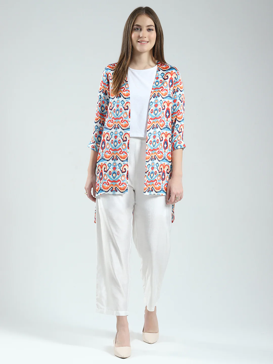Women Off White Printed Round Neck Sleeveless 3 Pcs Cords Set - Image 3